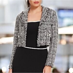 Forever 21 Black and White Tweed Cropped Jacket with Pearl Buttons Size S Small
